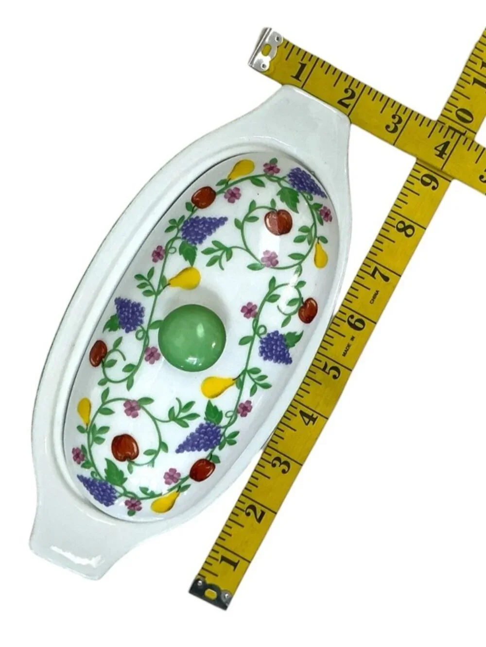 French Covered Butter Bell Dish White Multicolor Fruit 3 Piece Cook St Vintage